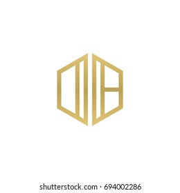 Initial letter DB, OB, minimalist line art hexagon shape logo, gold color