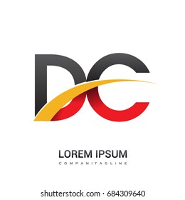 initial letter DC logotype company name colored red, black and yellow swoosh design. isolated on white background.
