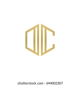 Initial letter DC, OC, minimalist line art hexagon shape logo, gold color