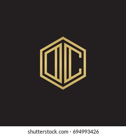 Initial letter DC, OC, minimalist line art hexagon logo, gold color on black background