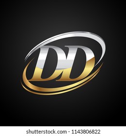 initial letter DD logotype company name colored gold and silver swoosh design. isolated on black background.