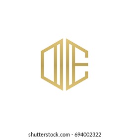 Initial letter DE, OE, minimalist line art hexagon shape logo, gold color