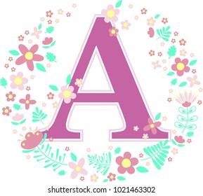 initial letter a with decorative flowers and design elements isolated on white background. can be used for baby name, nursery decoration, spring themes or wedding invitation.