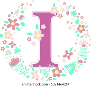 initial letter i with decorative flowers and design elements isolated on white background. can be used for baby name, nursery decoration, spring themes or wedding invitation.