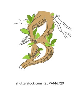 Initial letter. Decorative font from tree roots. Environmental design. Nature typography. Spring mood. A tree that is shedding leaves