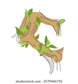 Initial letter. Decorative font from tree roots. Environmental design. Nature typography. Spring mood. A tree that is shedding leaves
