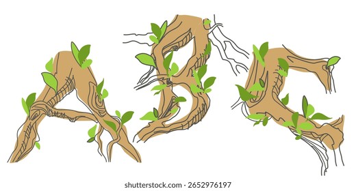 Initial letter. Decorative font from tree roots. Environmental design. Nature typography. Spring mood. A tree that is shedding leaves	
