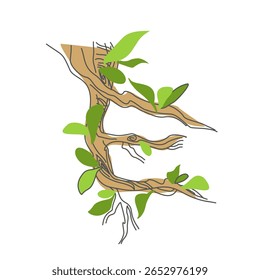 Initial letter. Decorative font from tree roots. Environmental design. Nature typography. Spring mood. A tree that is shedding leaves	
