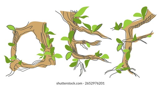 Initial letter. Decorative font from tree roots. Environmental design. Nature typography. Spring mood. A tree that is shedding leaves	
