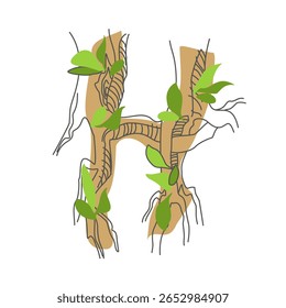 Initial letter. Decorative font from tree roots. Environmental design. Nature typography. Spring mood. A tree that is shedding leaves	
