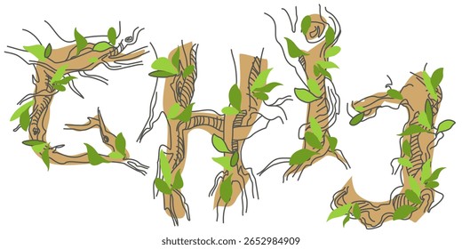 Initial letter. Decorative font from tree roots. Environmental design. Nature typography. Spring mood. A tree that is shedding leaves	
