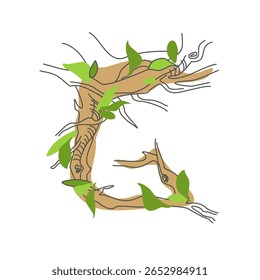 Initial letter. Decorative font from tree roots. Environmental design. Nature typography. Spring mood. A tree that is shedding leaves	
