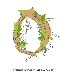 Initial letter. Decorative font from tree roots. Environmental design. Nature typography. Spring mood. A tree that is shedding leaves	
