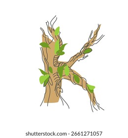Initial letter. Decorative font from tree roots. Environmental design. Nature typography. Spring mood. A tree that is shedding leaves	
