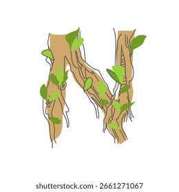 Anfangsbuchstabe. Dekorative Schrift aus Baumwurzeln. Umweltdesign. Natur-Typografie. Frühlingsstimmung. Ein Baum, der Blätter abwirft	
