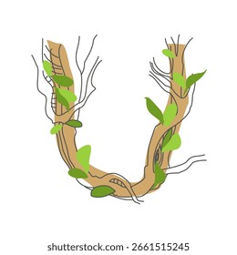Anfangsbuchstabe. Dekorative Schrift aus Baumwurzeln. Umweltdesign. Natur-Typografie. Frühlingsstimmung. Ein Baum, der Blätter abwirft	