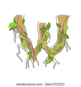 Initial letter. Decorative font from tree roots. Environmental design. Nature typography. Spring mood. A tree that is shedding leaves	