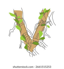 Carta inicial. Fuente decorativa de raíces de árbol. Diseño ambiental. Tipografía de Naturaleza. Sentimiento de primavera. Un árbol que está derramando hojas	