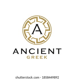 Initial letter design template with ancient greek border frame