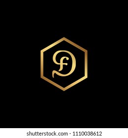 Initial letter DF FD minimalist art hexagon shape logo, gold color on black background