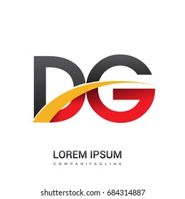 initial letter DG logotype company name colored red, black and yellow swoosh design. isolated on white background.
