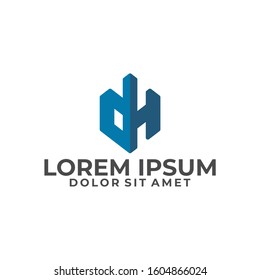 Initial letter dH logo template with geometric building line art illustration in flat design monogram symbol