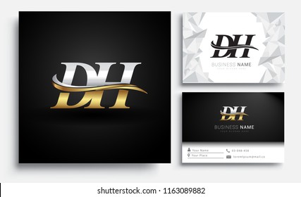 initial letter DH logotype company name colored gold and silver swoosh design. Vector sets for business identity on white background.