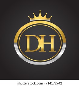 initial letter DH logotype company name with oval shape and crown, gold and silver color. vector logo for business and company identity.