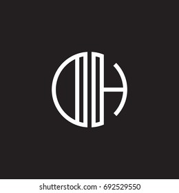 Initial letter DH, OH, minimalist line art monogram circle shape logo, white color on black background