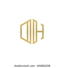 Initial letter DH, OH, minimalist line art hexagon shape logo, gold color