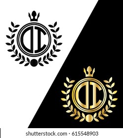 initial letter DI logo circle shape logo, wreath style with crown icon
