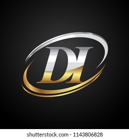 initial letter DI logotype company name colored gold and silver swoosh design. isolated on black background.
