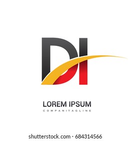 initial letter DI logotype company name colored red, black and yellow swoosh design. isolated on white background.
