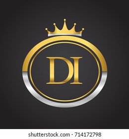 initial letter DI logotype company name with oval shape and crown, gold and silver color. vector logo for business and company identity.