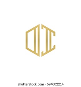 Initial letter DI, OI, minimalist line art hexagon shape logo, gold color