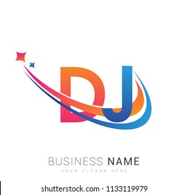 initial letter DJ logotype company name colored orange, red and blue swoosh star design. vector logo for business and company identity.