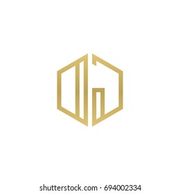 Initial letter DJ, OJ, minimalist line art hexagon shape logo, gold color