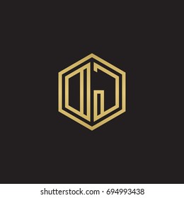 Initial letter DJ, OJ, minimalist line art hexagon logo, gold color on black background