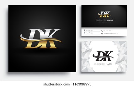 initial letter DK logotype company name colored gold and silver swoosh design. Vector sets for business identity on white background.