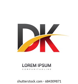 initial letter DK logotype company name colored red, black and yellow swoosh design. isolated on white background.
