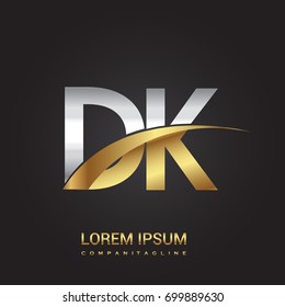 initial letter DK logotype company name colored gold and silver swoosh design. isolated on black background.