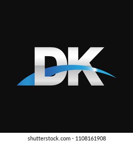 Initial letter DK, overlapping movement swoosh logo, metal silver blue color on black background