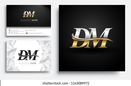 initial letter DM logotype company name colored gold and silver swoosh design. Vector sets for business identity on white background.