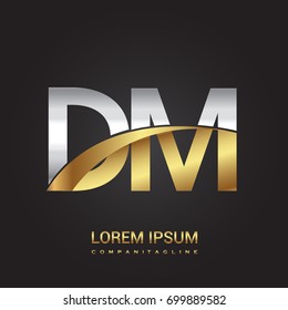 initial letter DM logotype company name colored gold and silver swoosh design. isolated on black background.