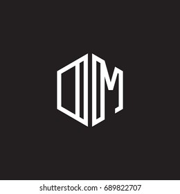 Initial letter DM, OM, minimalist line art monogram hexagon shape logo, white color on black background