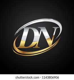 initial letter DN logotype company name colored gold and silver swoosh design. isolated on black background.