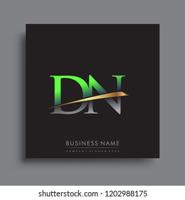 initial letter DN logotype company name colored green and gold swoosh design. vector logo for business and company