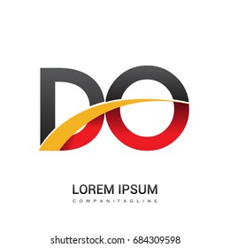 initial letter DO logotype company name colored red, black and yellow swoosh design. isolated on white background.
