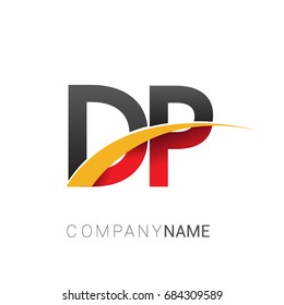 initial letter DP logotype company name colored red, black and yellow swoosh design. isolated on white background.
