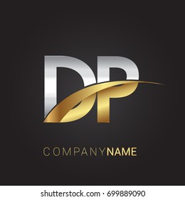 initial letter DP logotype company name colored gold and silver swoosh design. isolated on black background.
